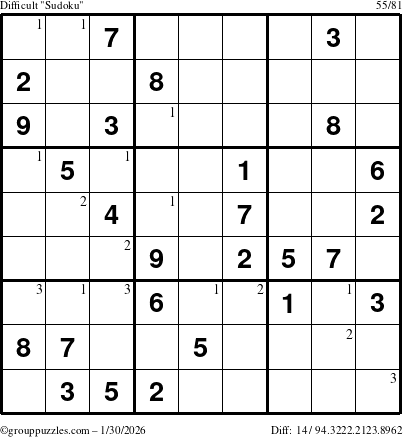 The grouppuzzles.com Difficult Sudoku puzzle for Friday January 30, 2026 with the first 3 steps marked