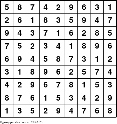 The grouppuzzles.com Answer grid for the Sudoku puzzle for Friday January 30, 2026
