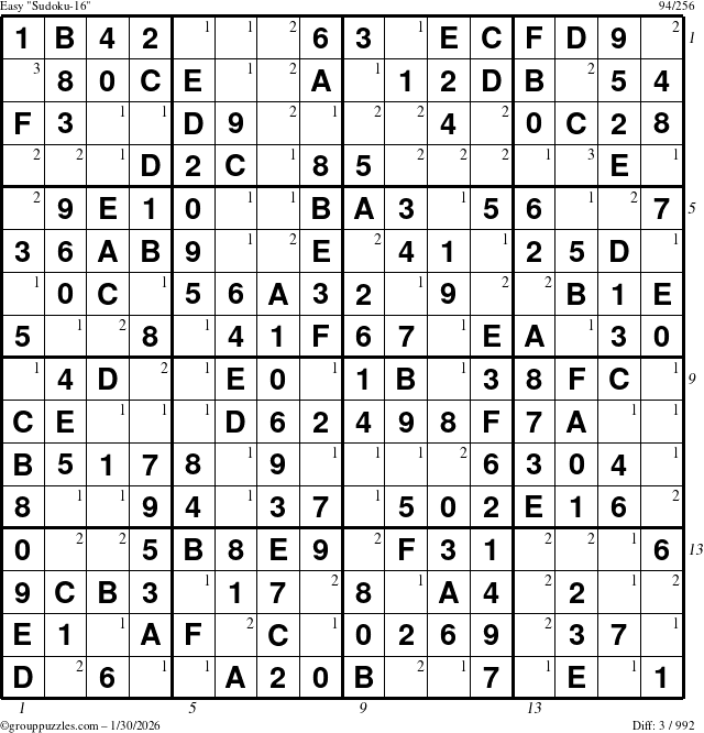 The grouppuzzles.com Easy Sudoku-16 puzzle for Friday January 30, 2026, suitable for printing, with all 3 steps marked