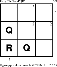 The grouppuzzles.com Easy TicTac-PQR puzzle for Friday January 30, 2026, suitable for printing, with all 2 steps marked