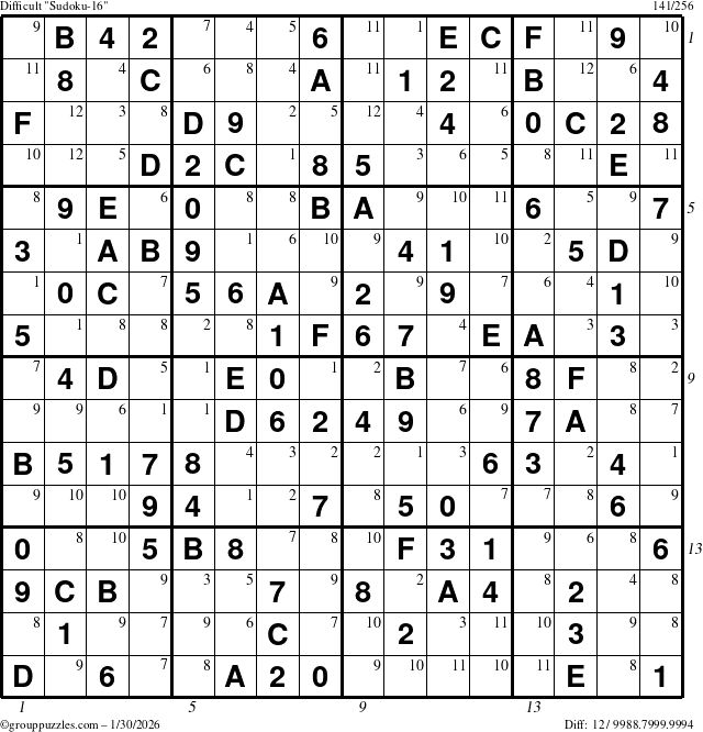 The grouppuzzles.com Difficult Sudoku-16 puzzle for Friday January 30, 2026, suitable for printing, with all 12 steps marked