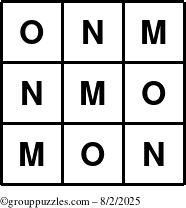 The grouppuzzles.com Answer grid for the TicTac-MNO puzzle for Saturday August 2, 2025