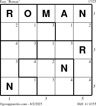 The grouppuzzles.com Easy Roman puzzle for Saturday August 2, 2025 with all 4 steps marked