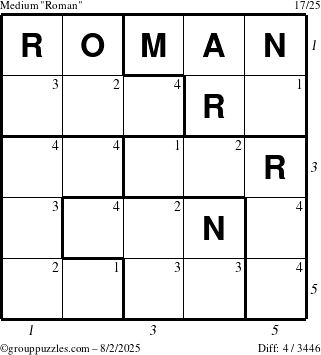 The grouppuzzles.com Medium Roman puzzle for Saturday August 2, 2025 with all 4 steps marked