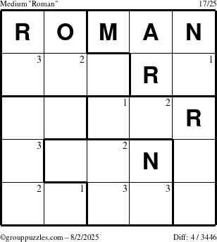 The grouppuzzles.com Medium Roman puzzle for Saturday August 2, 2025 with the first 3 steps marked
