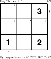 The grouppuzzles.com Easy TicTac-123 puzzle for Saturday August 2, 2025, suitable for printing, with all 2 steps marked