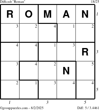 The grouppuzzles.com Difficult Roman puzzle for Saturday August 2, 2025, suitable for printing, with all 5 steps marked