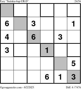 The grouppuzzles.com Easy Sudoku-6up-UR-D puzzle for Saturday August 2, 2025