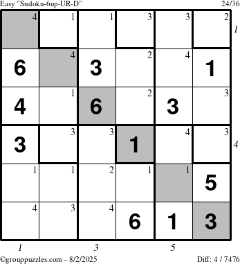 The grouppuzzles.com Easy Sudoku-6up-UR-D puzzle for Saturday August 2, 2025 with all 4 steps marked