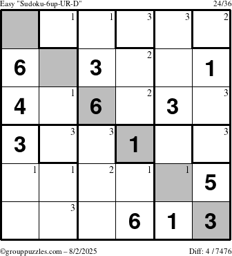 The grouppuzzles.com Easy Sudoku-6up-UR-D puzzle for Saturday August 2, 2025 with the first 3 steps marked