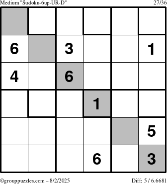 The grouppuzzles.com Medium Sudoku-6up-UR-D puzzle for Saturday August 2, 2025