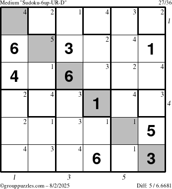 The grouppuzzles.com Medium Sudoku-6up-UR-D puzzle for Saturday August 2, 2025 with all 5 steps marked