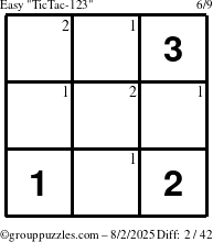 The grouppuzzles.com Easy TicTac-123 puzzle for Saturday August 2, 2025 with the first 2 steps marked