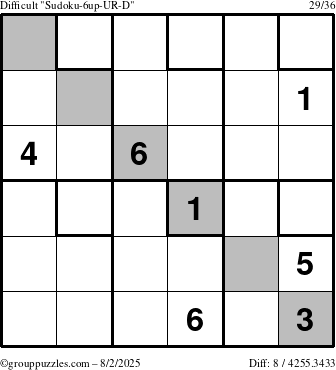 The grouppuzzles.com Difficult Sudoku-6up-UR-D puzzle for Saturday August 2, 2025