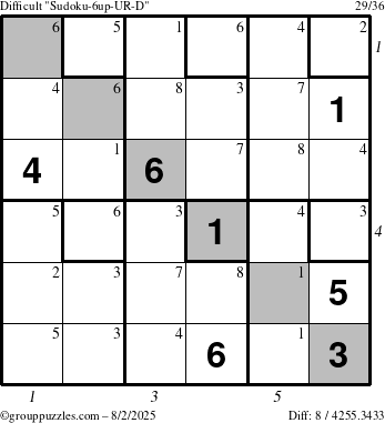 The grouppuzzles.com Difficult Sudoku-6up-UR-D puzzle for Saturday August 2, 2025, suitable for printing, with all 8 steps marked