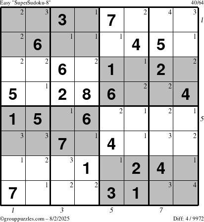 The grouppuzzles.com Easy SuperSudoku-8 puzzle for Saturday August 2, 2025 with all 4 steps marked