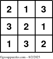 The grouppuzzles.com Answer grid for the TicTac-123 puzzle for Saturday August 2, 2025