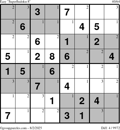 The grouppuzzles.com Easy SuperSudoku-8 puzzle for Saturday August 2, 2025 with the first 3 steps marked