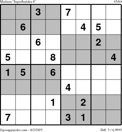 The grouppuzzles.com Medium SuperSudoku-8 puzzle for Saturday August 2, 2025