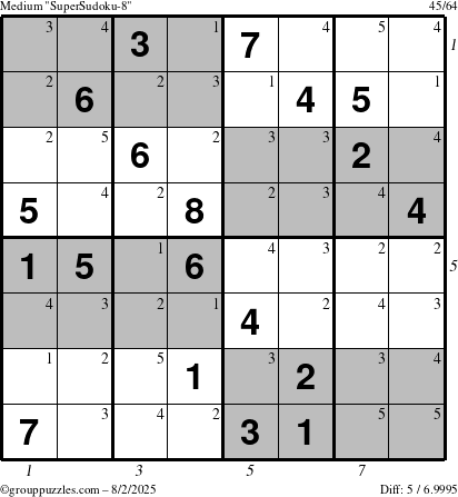 The grouppuzzles.com Medium SuperSudoku-8 puzzle for Saturday August 2, 2025 with all 5 steps marked