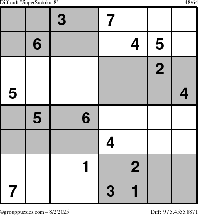 The grouppuzzles.com Difficult SuperSudoku-8 puzzle for Saturday August 2, 2025