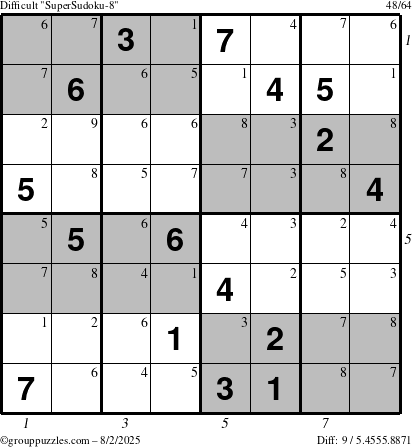 The grouppuzzles.com Difficult SuperSudoku-8 puzzle for Saturday August 2, 2025 with all 9 steps marked