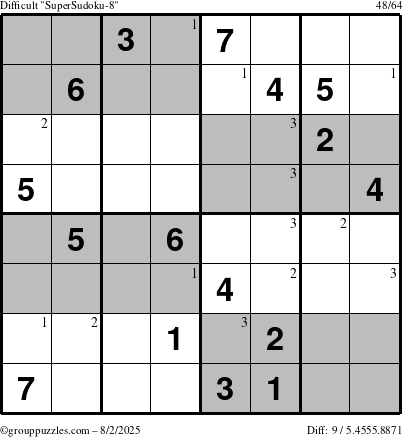 The grouppuzzles.com Difficult SuperSudoku-8 puzzle for Saturday August 2, 2025 with the first 3 steps marked