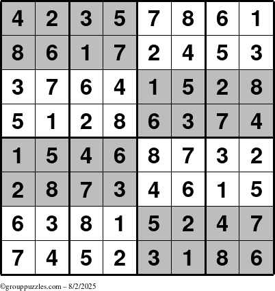 The grouppuzzles.com Answer grid for the SuperSudoku-8 puzzle for Saturday August 2, 2025