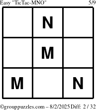 The grouppuzzles.com Easy TicTac-MNO puzzle for Saturday August 2, 2025