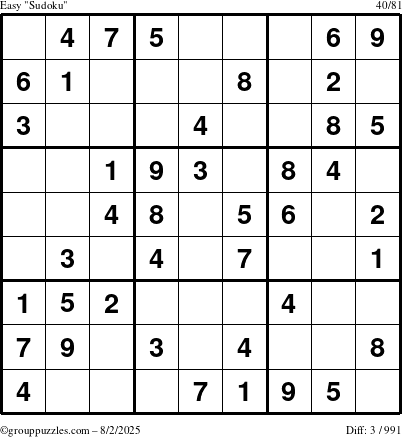 The grouppuzzles.com Easy Sudoku puzzle for Saturday August 2, 2025