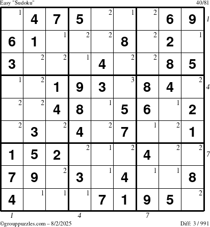 The grouppuzzles.com Easy Sudoku puzzle for Saturday August 2, 2025 with all 3 steps marked