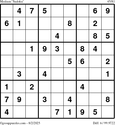 The grouppuzzles.com Medium Sudoku puzzle for Saturday August 2, 2025