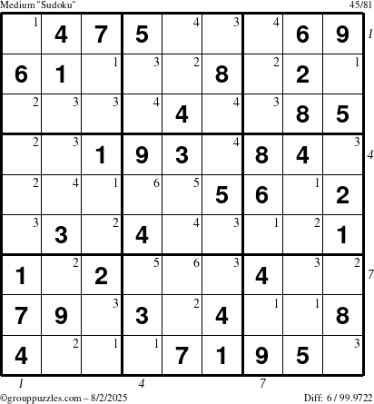 The grouppuzzles.com Medium Sudoku puzzle for Saturday August 2, 2025 with all 6 steps marked