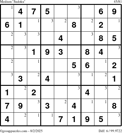 The grouppuzzles.com Medium Sudoku puzzle for Saturday August 2, 2025 with the first 3 steps marked