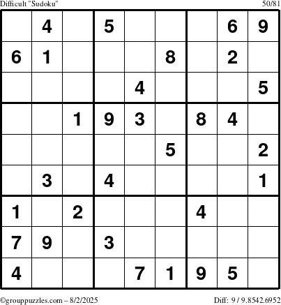 The grouppuzzles.com Difficult Sudoku puzzle for Saturday August 2, 2025
