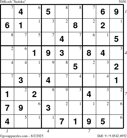 The grouppuzzles.com Difficult Sudoku puzzle for Saturday August 2, 2025 with all 9 steps marked