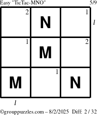 The grouppuzzles.com Easy TicTac-MNO puzzle for Saturday August 2, 2025 with all 2 steps marked