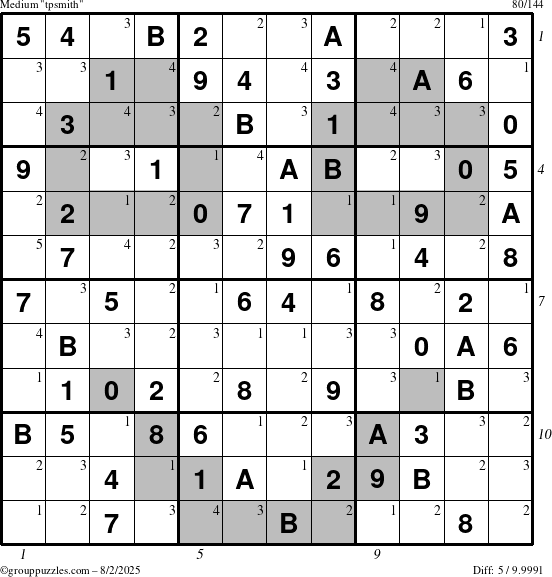 The grouppuzzles.com Medium tpsmith puzzle for Saturday August 2, 2025 with all 5 steps marked