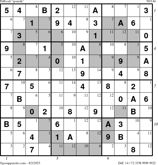 The grouppuzzles.com Difficult tpsmith puzzle for Saturday August 2, 2025 with all 14 steps marked