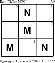 The grouppuzzles.com Easy TicTac-MNO puzzle for Saturday August 2, 2025 with the first 2 steps marked