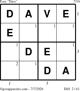 The grouppuzzles.com Easy Dave puzzle for Tuesday July 7, 2026, suitable for printing, with all 2 steps marked