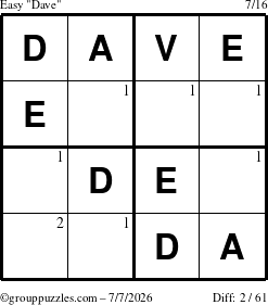 The grouppuzzles.com Easy Dave puzzle for Tuesday July 7, 2026 with the first 2 steps marked