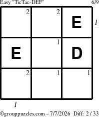 The grouppuzzles.com Easy TicTac-DEF puzzle for Tuesday July 7, 2026 with all 2 steps marked