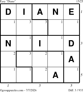 The grouppuzzles.com Easy Diane puzzle for Tuesday July 7, 2026, suitable for printing, with all 3 steps marked