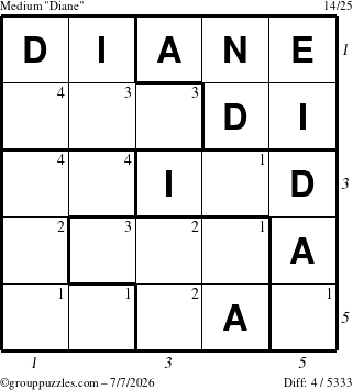 The grouppuzzles.com Medium Diane puzzle for Tuesday July 7, 2026, suitable for printing, with all 4 steps marked