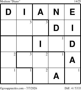 The grouppuzzles.com Medium Diane puzzle for Tuesday July 7, 2026 with the first 3 steps marked