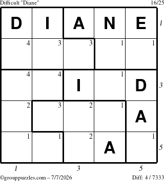 The grouppuzzles.com Difficult Diane puzzle for Tuesday July 7, 2026 with all 4 steps marked