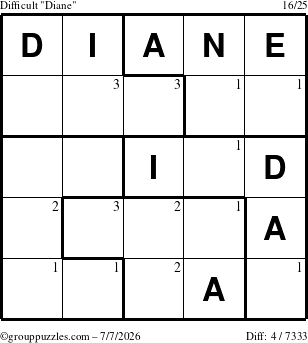 The grouppuzzles.com Difficult Diane puzzle for Tuesday July 7, 2026 with the first 3 steps marked