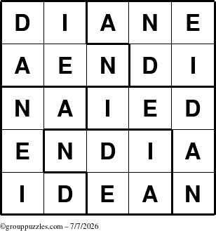 The grouppuzzles.com Answer grid for the Diane puzzle for Tuesday July 7, 2026
