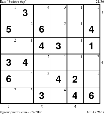 The grouppuzzles.com Easy Sudoku-6up puzzle for Tuesday July 7, 2026, suitable for printing, with all 4 steps marked